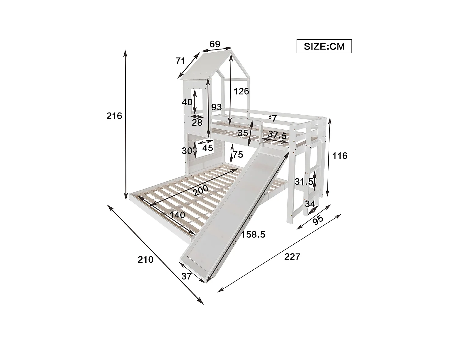 lit superposé 90/140x200cm en forme de maison avec tobaggan, cadre en pin+MDF, 2 sommier inclus,blanc , sans matelas