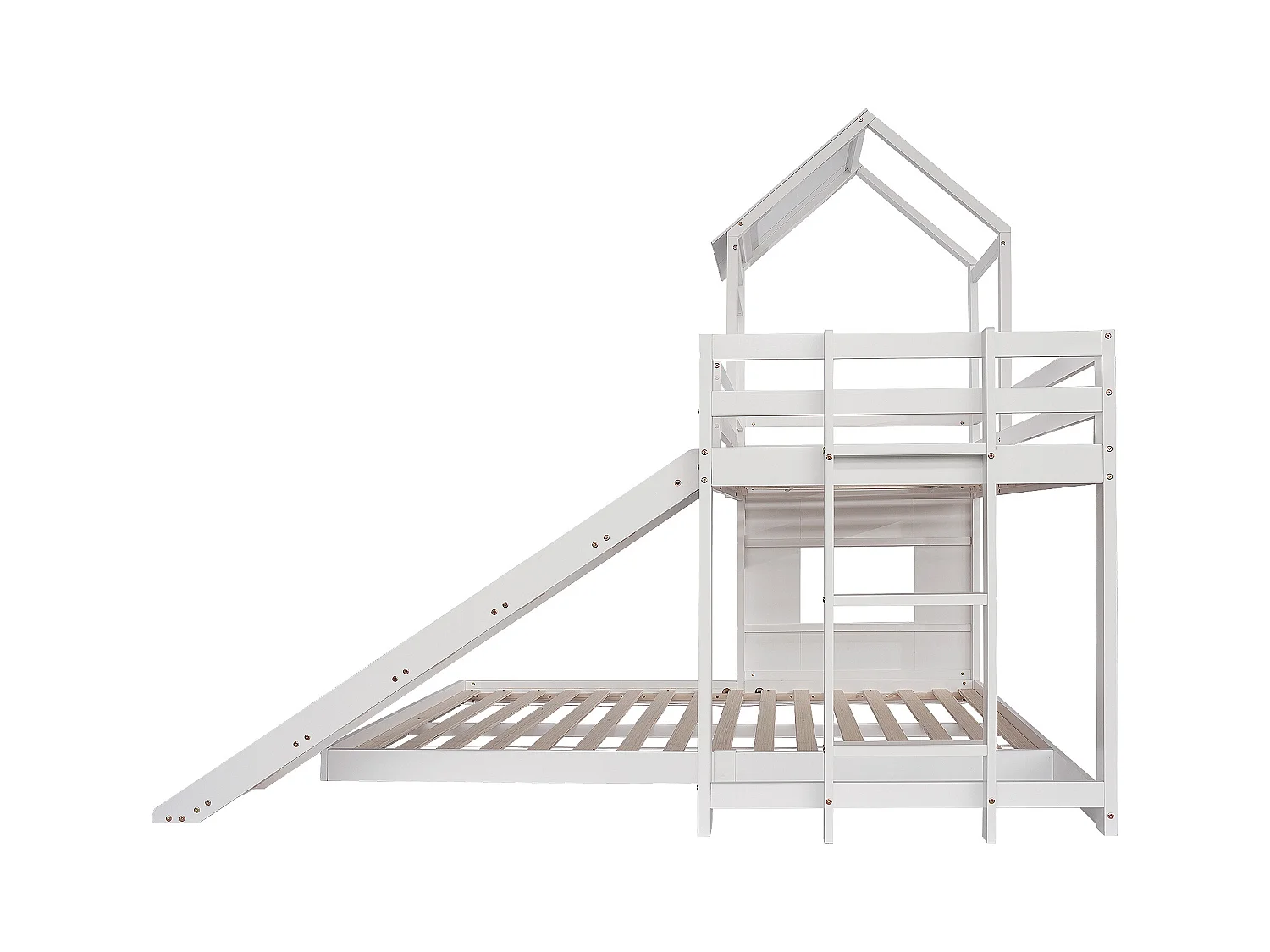 lit superposé 90/140x200cm en forme de maison avec tobaggan, cadre en pin+MDF, 2 sommier inclus,blanc , sans matelas