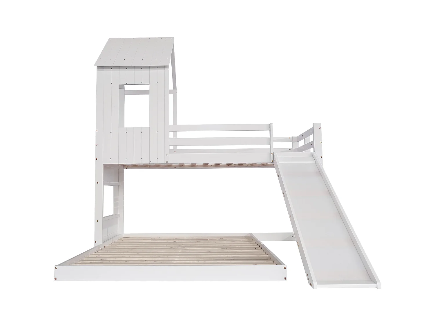 lit superposé 90/140x200cm en forme de maison avec tobaggan, cadre en pin+MDF, 2 sommier inclus,blanc , sans matelas