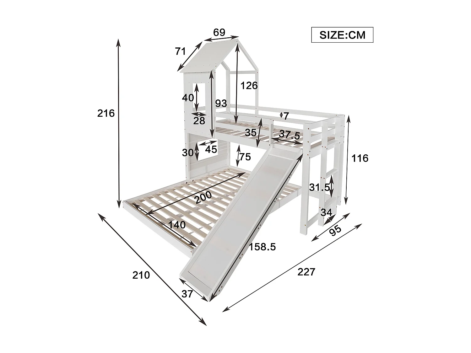 Beliche 90/140x200 cm em forma de casinha com escorrega, estrutura em pinho e MDF, 2 estrados incluídos, branco, sem colchão