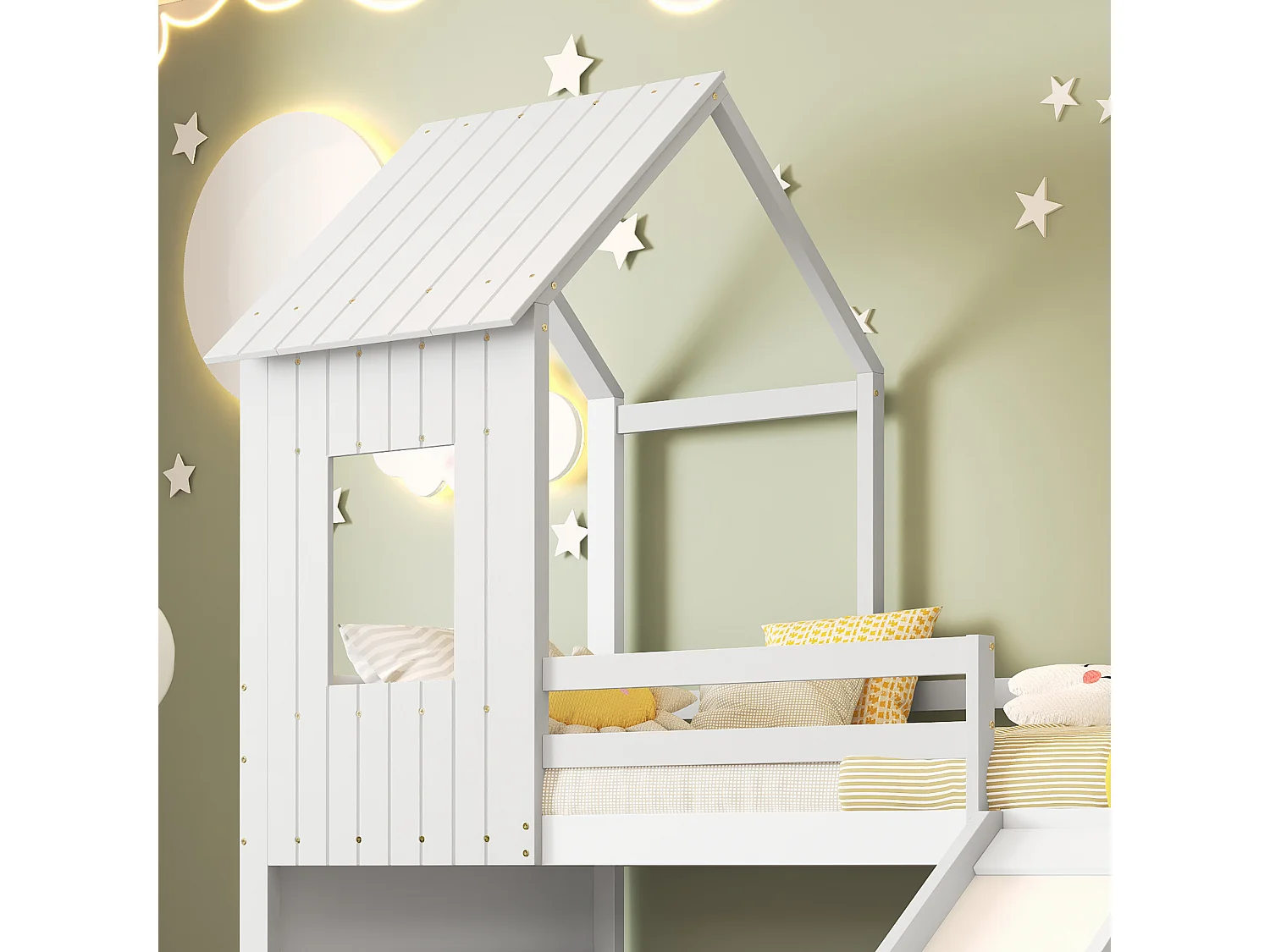 Beliche 90/140x200 cm em forma de casinha com escorrega, estrutura em pinho e MDF, 2 estrados incluídos, branco, sem colchão