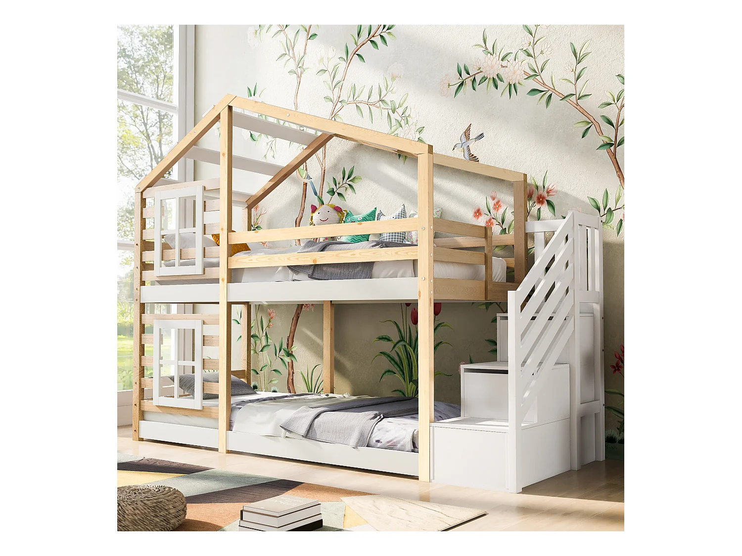 Lit cabane enfant 90x200cm, lit superposé avec fenêtre,escalier et tiroirs, cadre en pin+MDF, blanc, sans matelas