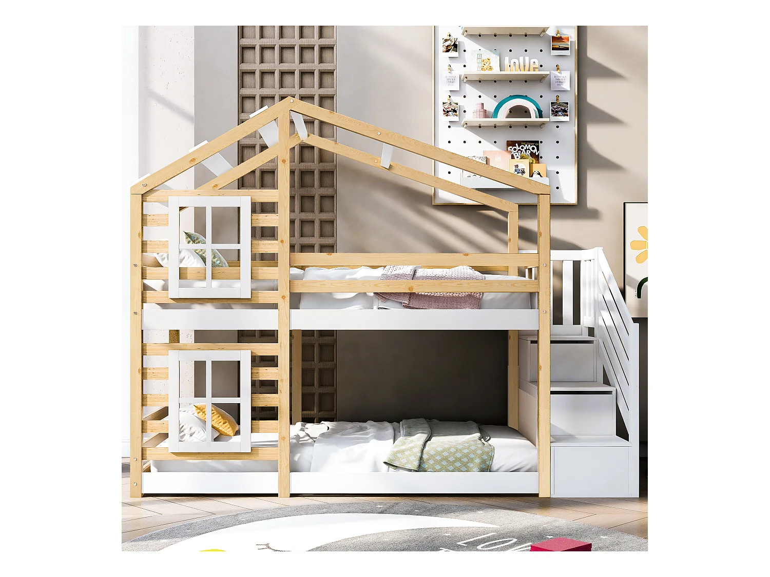 Lit cabane enfant 90x200cm, lit superposé avec fenêtre,escalier et tiroirs, cadre en pin+MDF, blanc, sans matelas