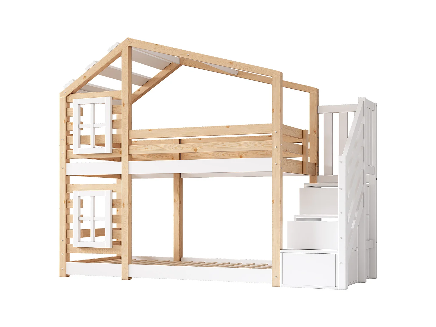 Lit cabane enfant 90x200cm, lit superposé avec fenêtre,escalier et tiroirs, cadre en pin+MDF, blanc, sans matelas