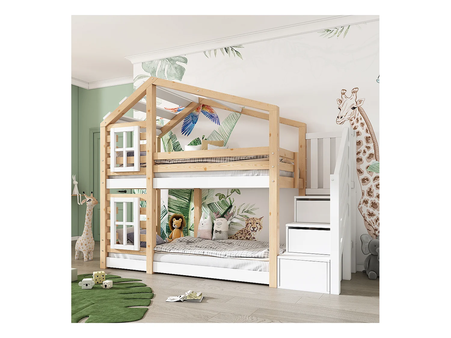 Lit cabane enfant 90x200cm, lit superposé avec fenêtre,escalier et tiroirs, cadre en pin+MDF, blanc, sans matelas