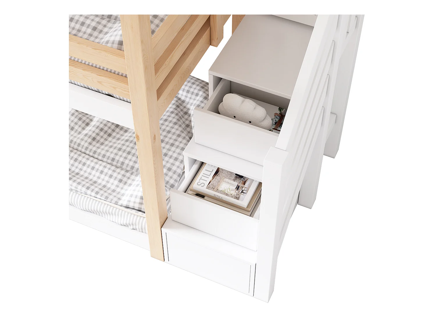 Lit cabane enfant 90x200cm, lit superposé avec fenêtre,escalier et tiroirs, cadre en pin+MDF, blanc, sans matelas