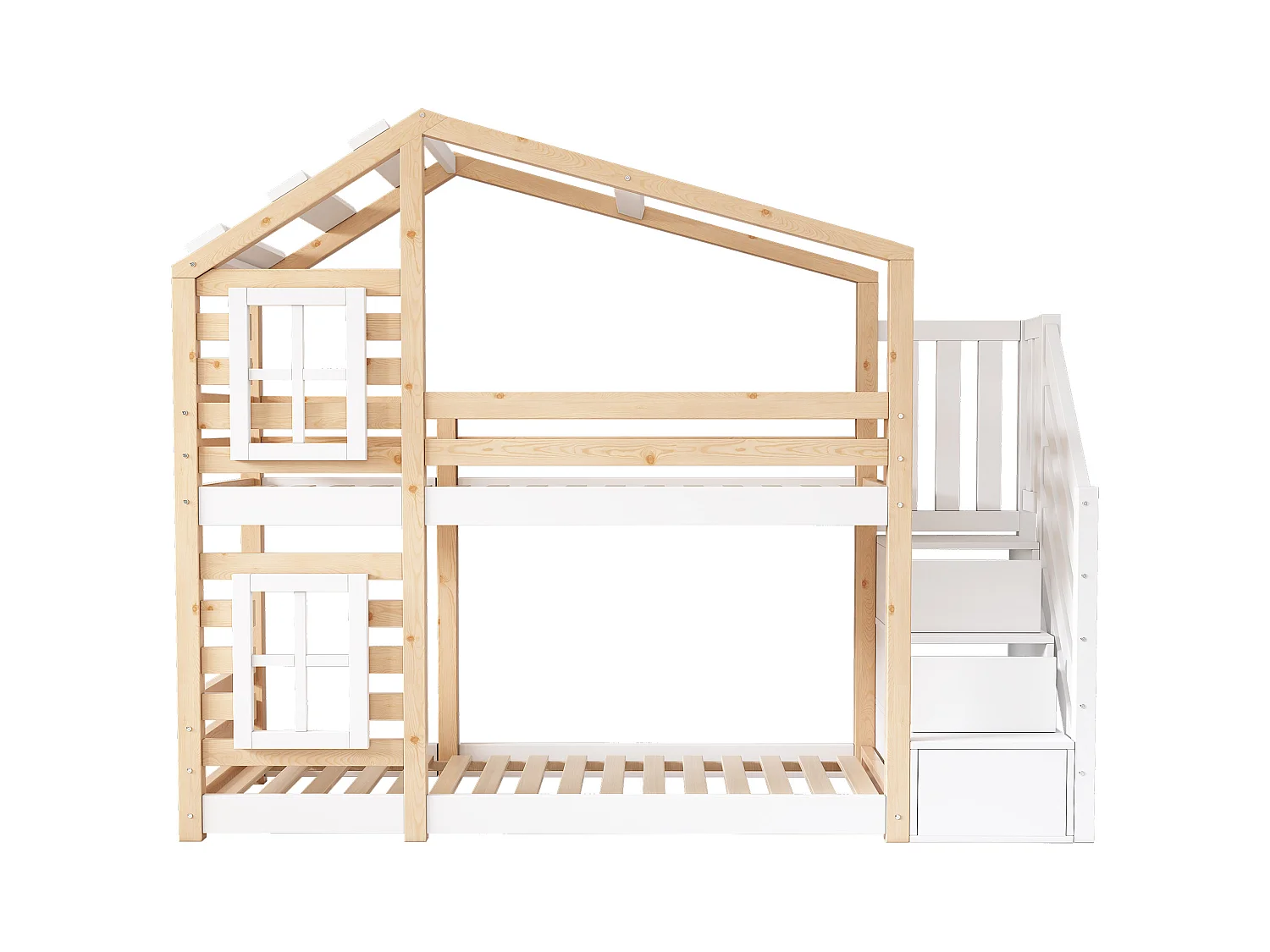 Lit cabane enfant 90x200cm, lit superposé avec fenêtre,escalier et tiroirs, cadre en pin+MDF, blanc, sans matelas
