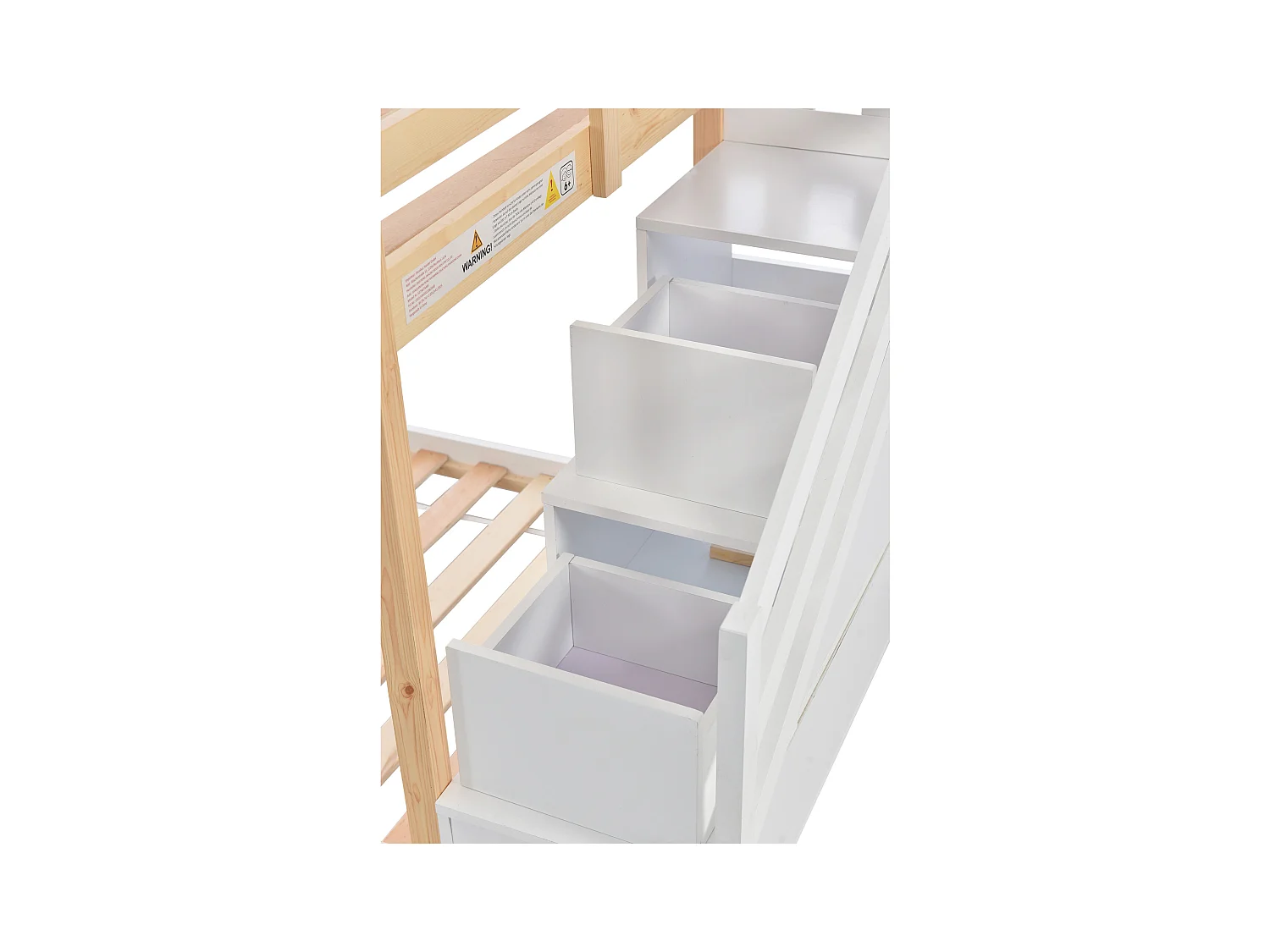 Lit cabane enfant 90x200cm, lit superposé avec fenêtre,escalier et tiroirs, cadre en pin+MDF, blanc, sans matelas