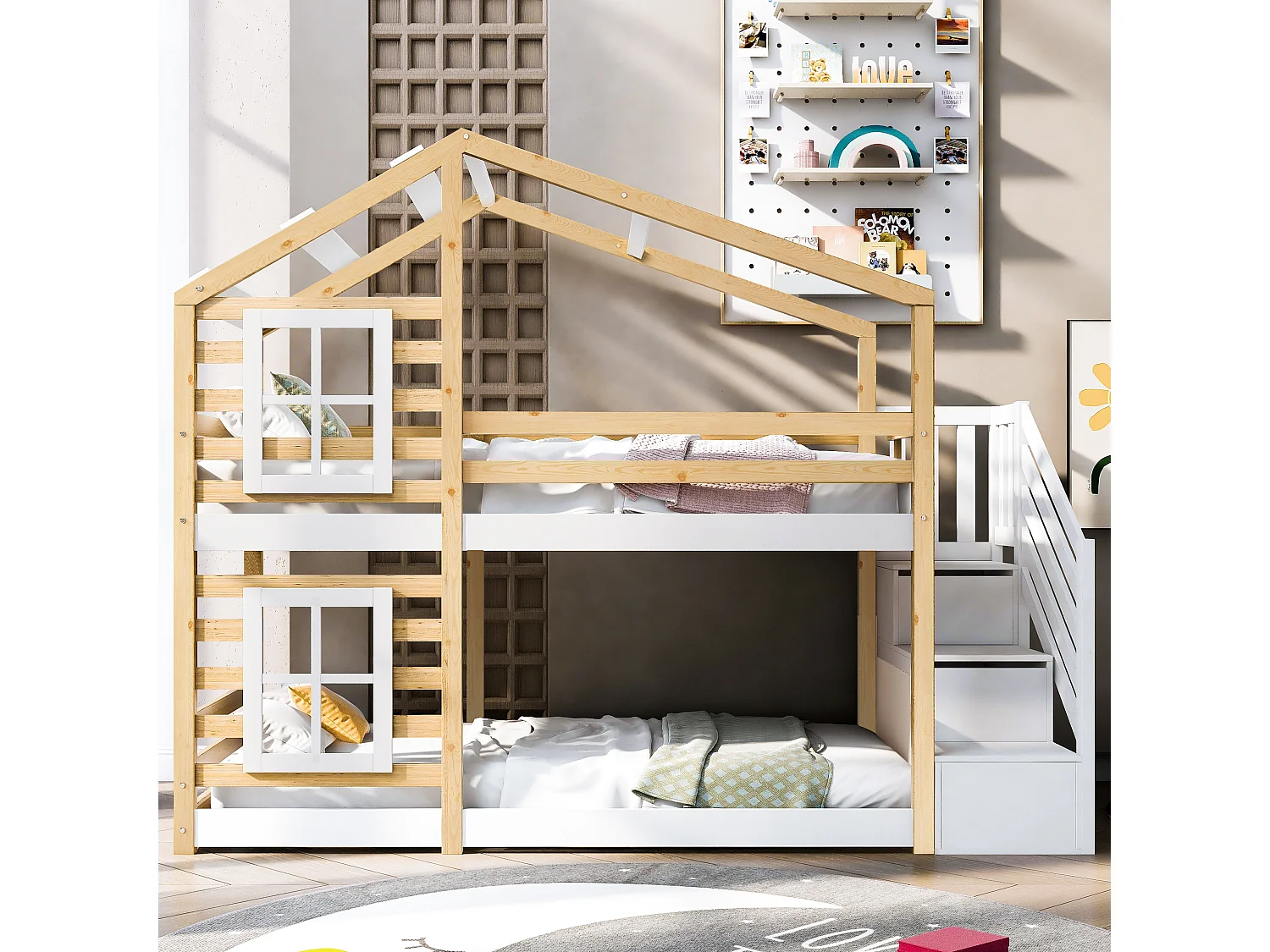 Lit cabane enfant 90x200cm, lit superposé avec fenêtre,escalier et tiroirs, cadre en pin+MDF, blanc, sans matelas