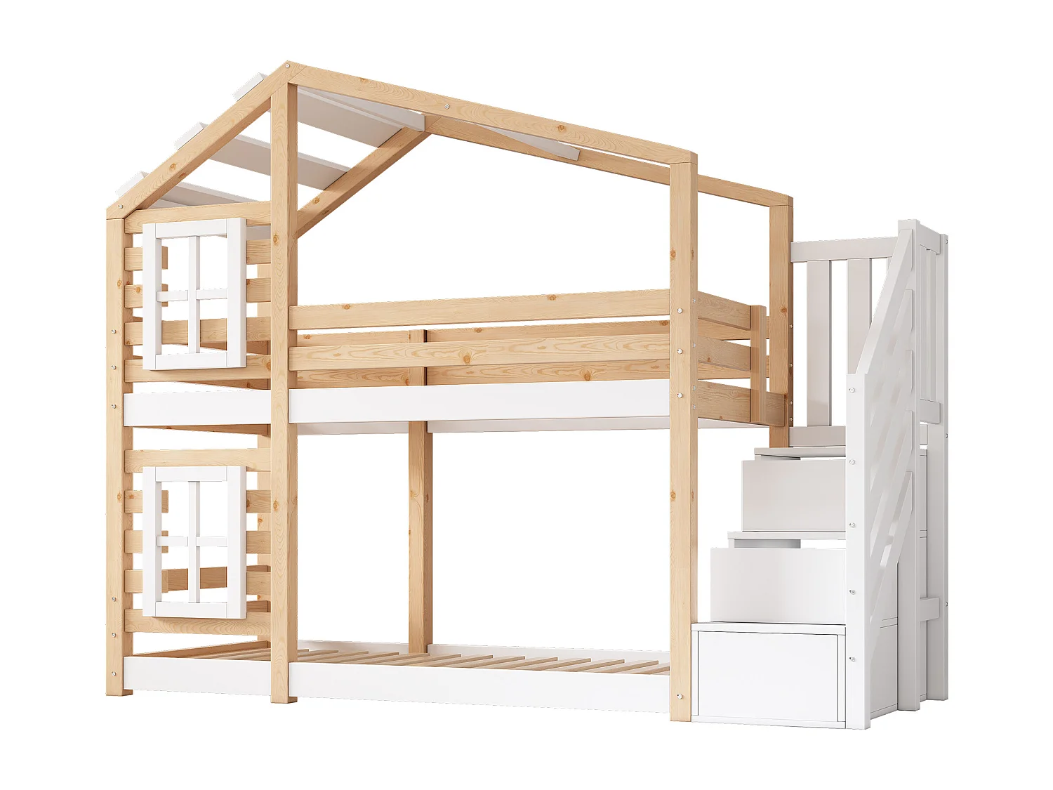 Lit cabane enfant 90x200cm, lit superposé avec fenêtre,escalier et tiroirs, cadre en pin+MDF, blanc, sans matelas