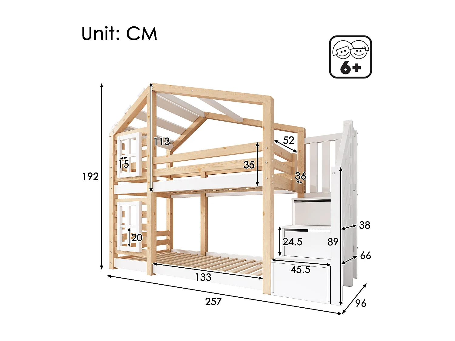 Lit cabane enfant 90x200cm, lit superposé avec fenêtre,escalier et tiroirs, cadre en pin+MDF, blanc, sans matelas