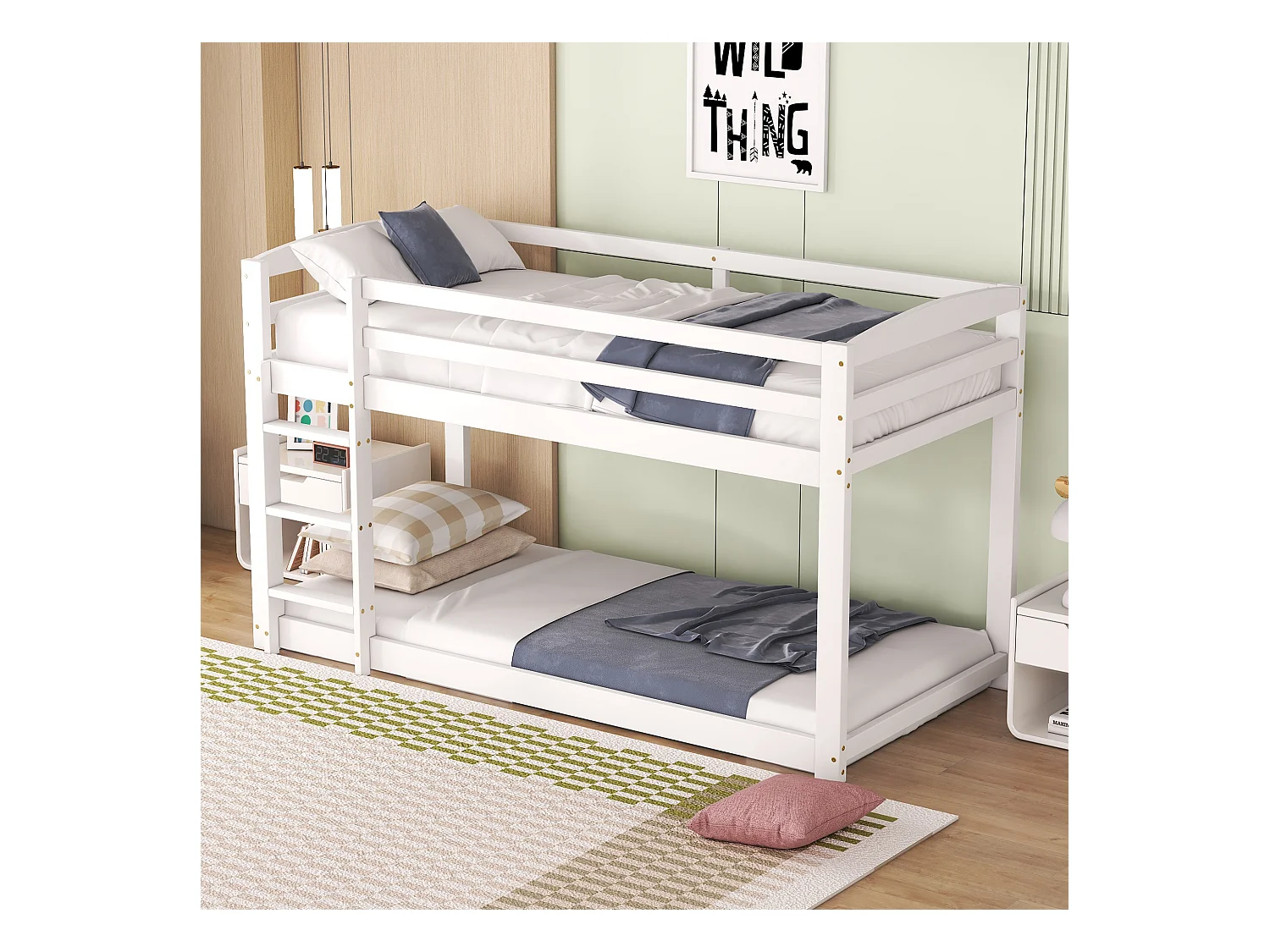 Lit superposé enfant 90x200cm blanc, cadre en bois avec escalier et garde-corps, 1 sommier inclus, sans matelas