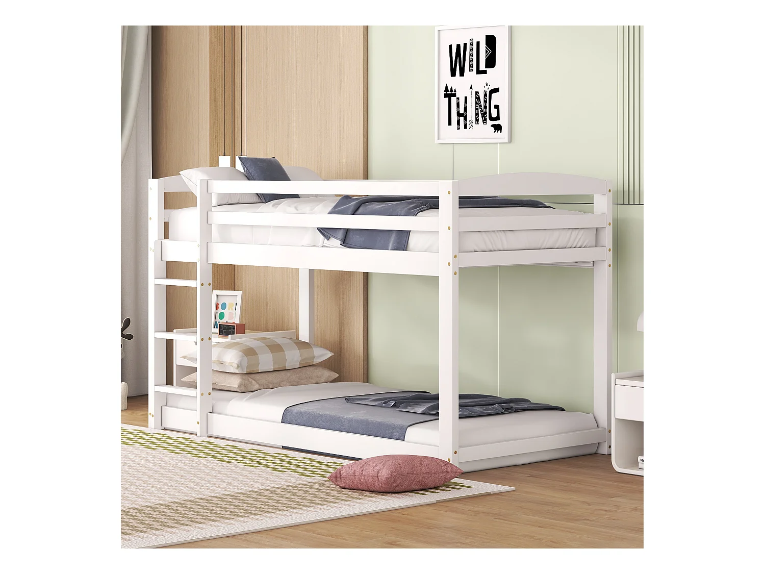 Lit superposé enfant 90x200cm blanc, cadre en bois avec escalier et garde-corps, 1 sommier inclus, sans matelas