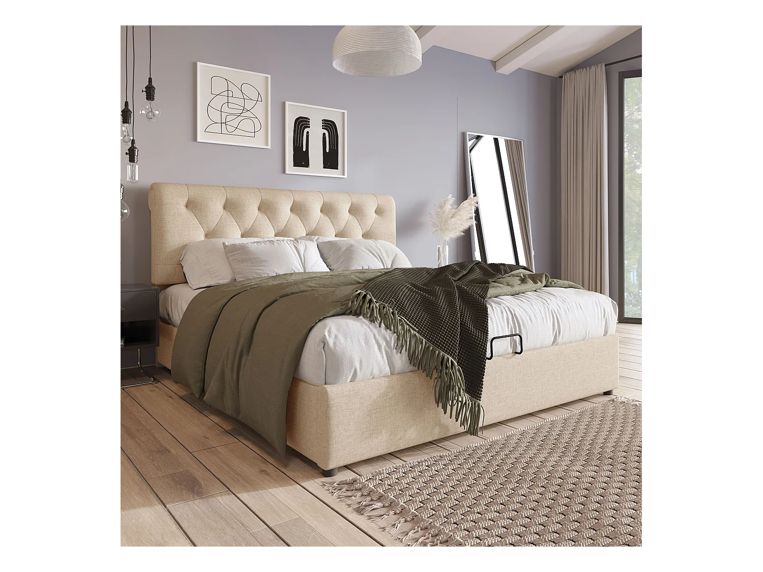 Lit coffre adulte 140x200cm avec tête de lit réglable en hauteur, sommier inclus, en lin beige, sans matelas
