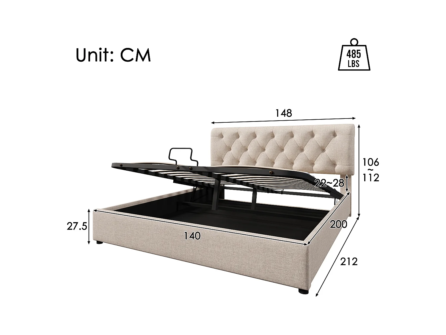 Lit coffre adulte 140x200cm avec tête de lit réglable en hauteur, sommier inclus, en lin beige, sans matelas