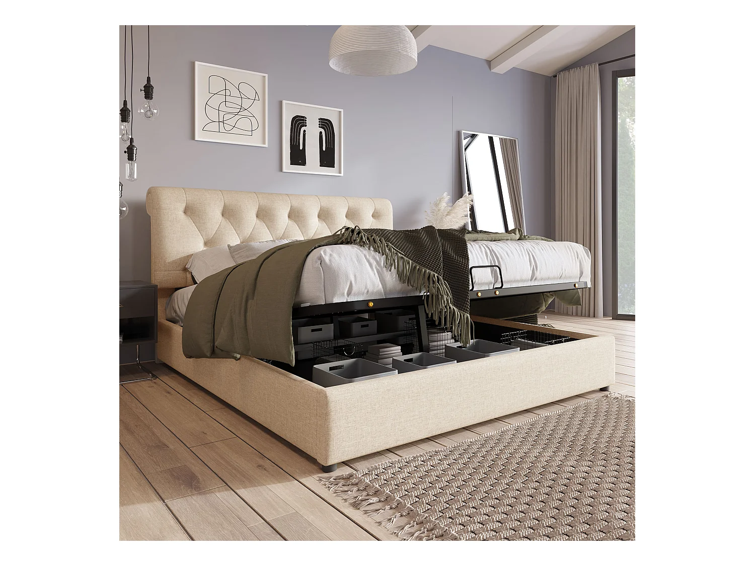 Lit coffre adulte 140x200cm avec tête de lit réglable en hauteur, sommier inclus, en lin beige, sans matelas