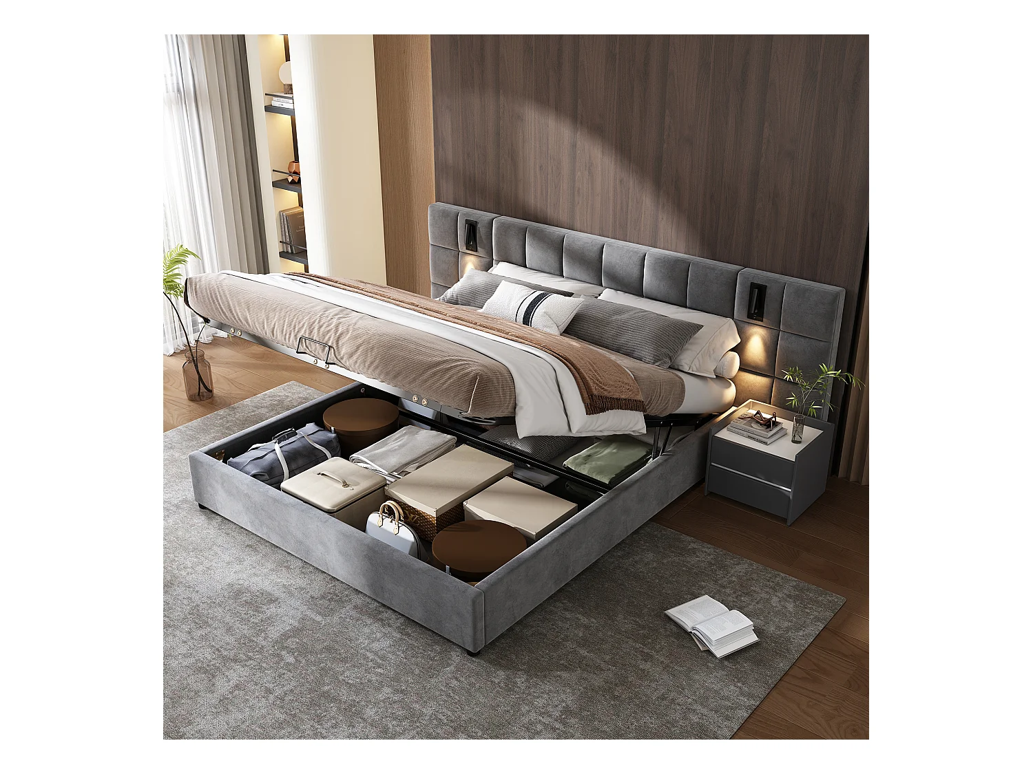 Lit coffre adulte 180x200cm avec tête de lit large et 2 lampes de lecture, tissu en velours gris, sans matelas ni chevet