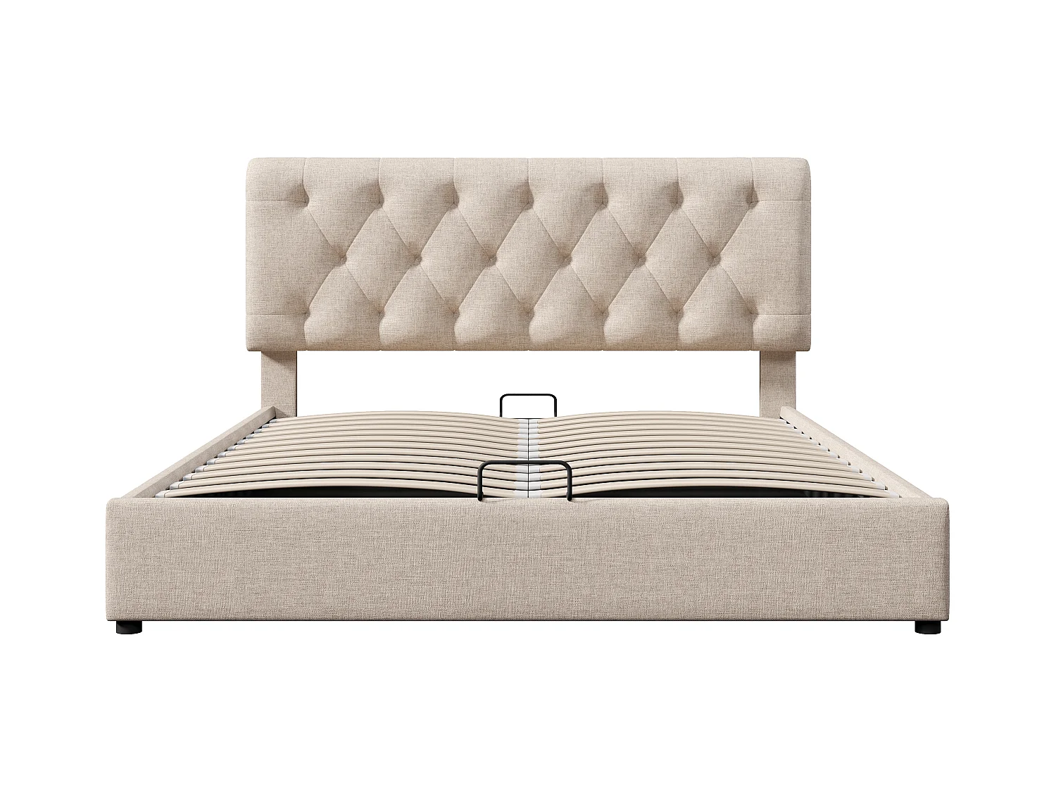 Lit coffre adulte 160x200cm avec tête de lit réglable en hauteur, sommier inclus, en lin beige, sans matelas