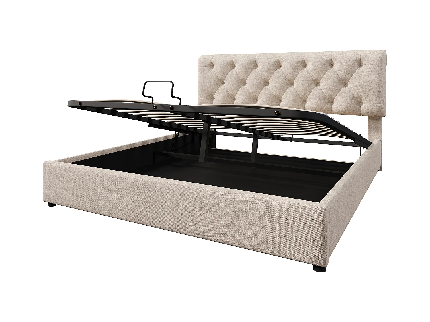 Lit coffre adulte 160x200cm avec tête de lit réglable en hauteur, sommier inclus, en lin beige, sans matelas