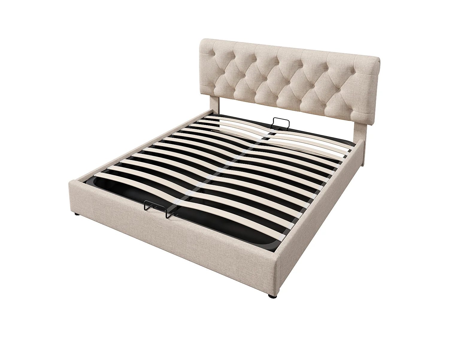 Lit coffre adulte 160x200cm avec tête de lit réglable en hauteur, sommier inclus, en lin beige, sans matelas