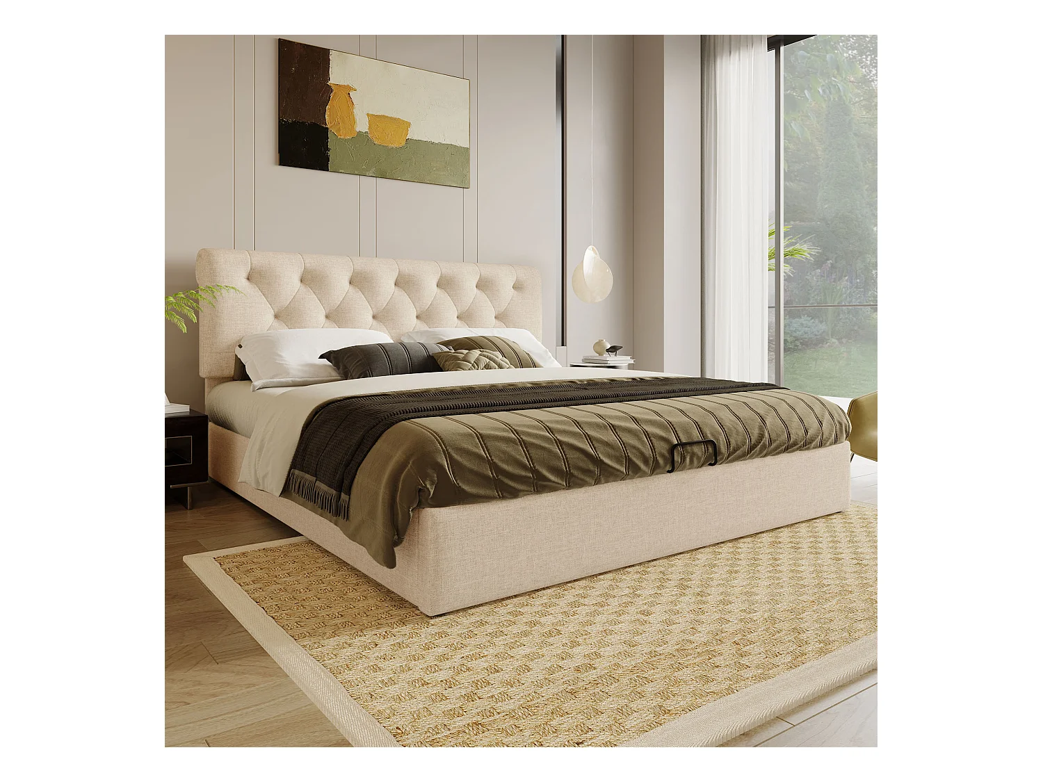 Lit coffre adulte 160x200cm avec tête de lit réglable en hauteur, sommier inclus, en lin beige, sans matelas