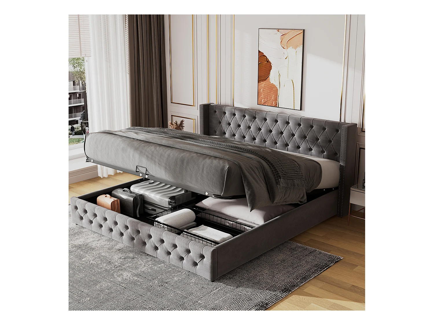 Lit coffre adulte 180x200cm avec décoration de bouton, sommier inclus, tissu en velours gris, sans matelas