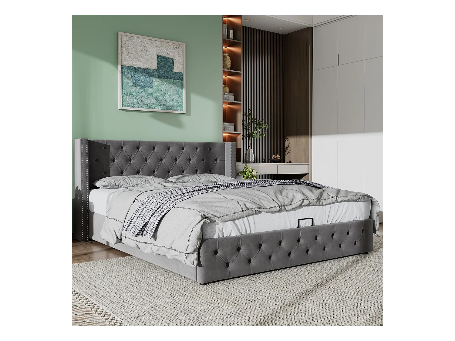Lit coffre adulte 180x200cm avec décoration de bouton, sommier inclus, tissu en velours gris, sans matelas