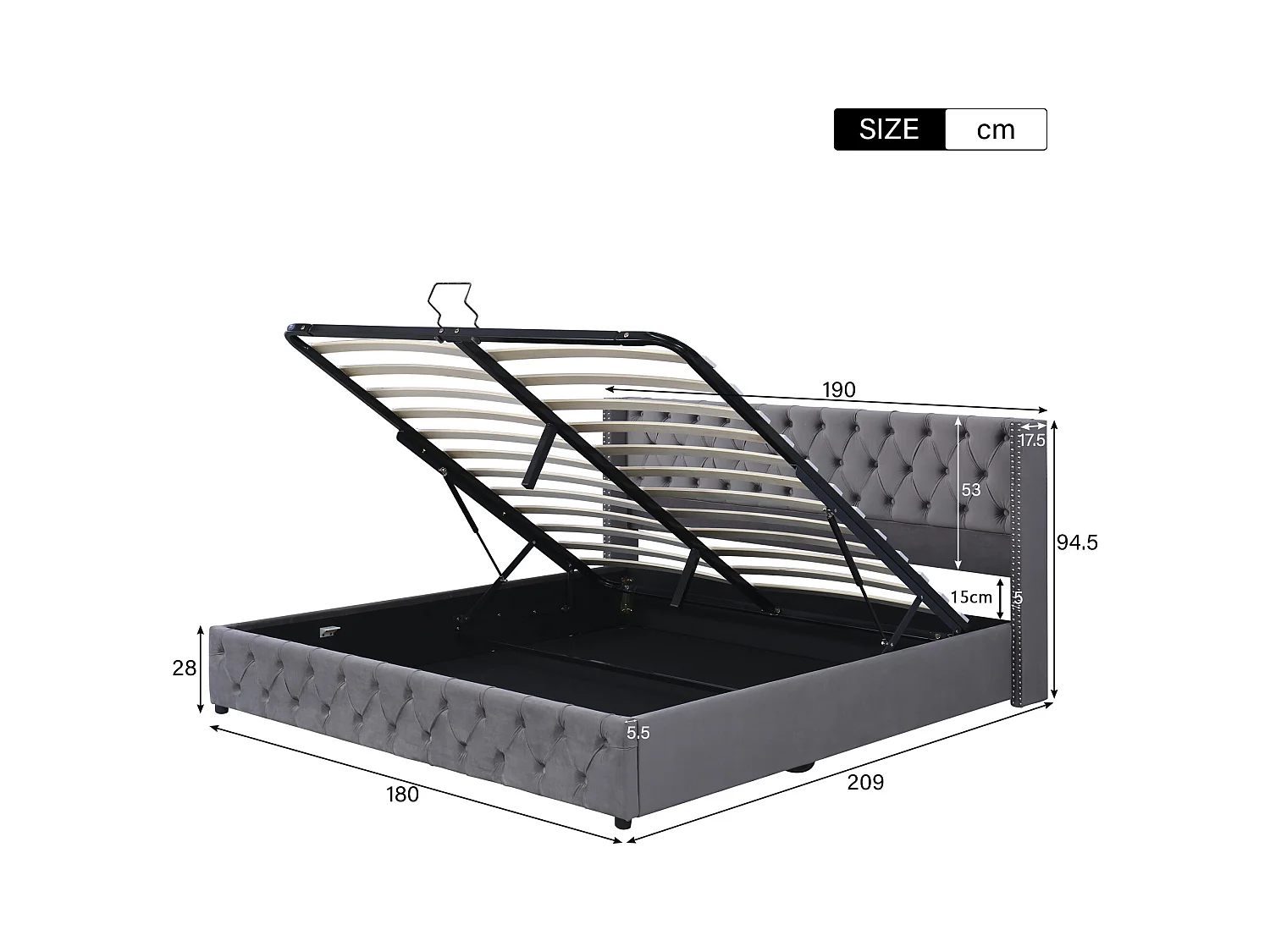 Lit coffre adulte 180x200cm avec décoration de bouton, sommier inclus, tissu en velours gris, sans matelas
