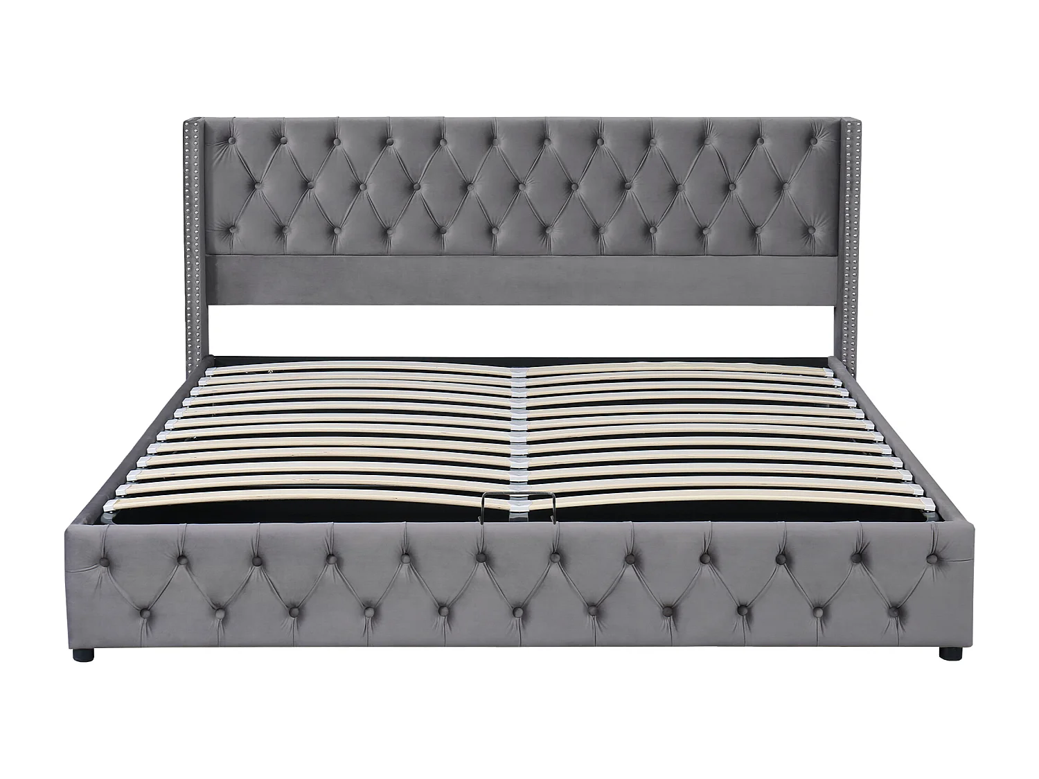 Cama baú para adulto 180x200 cm com decoração de botões, estrado incluído, tecido de veludo cinza, sem colchão