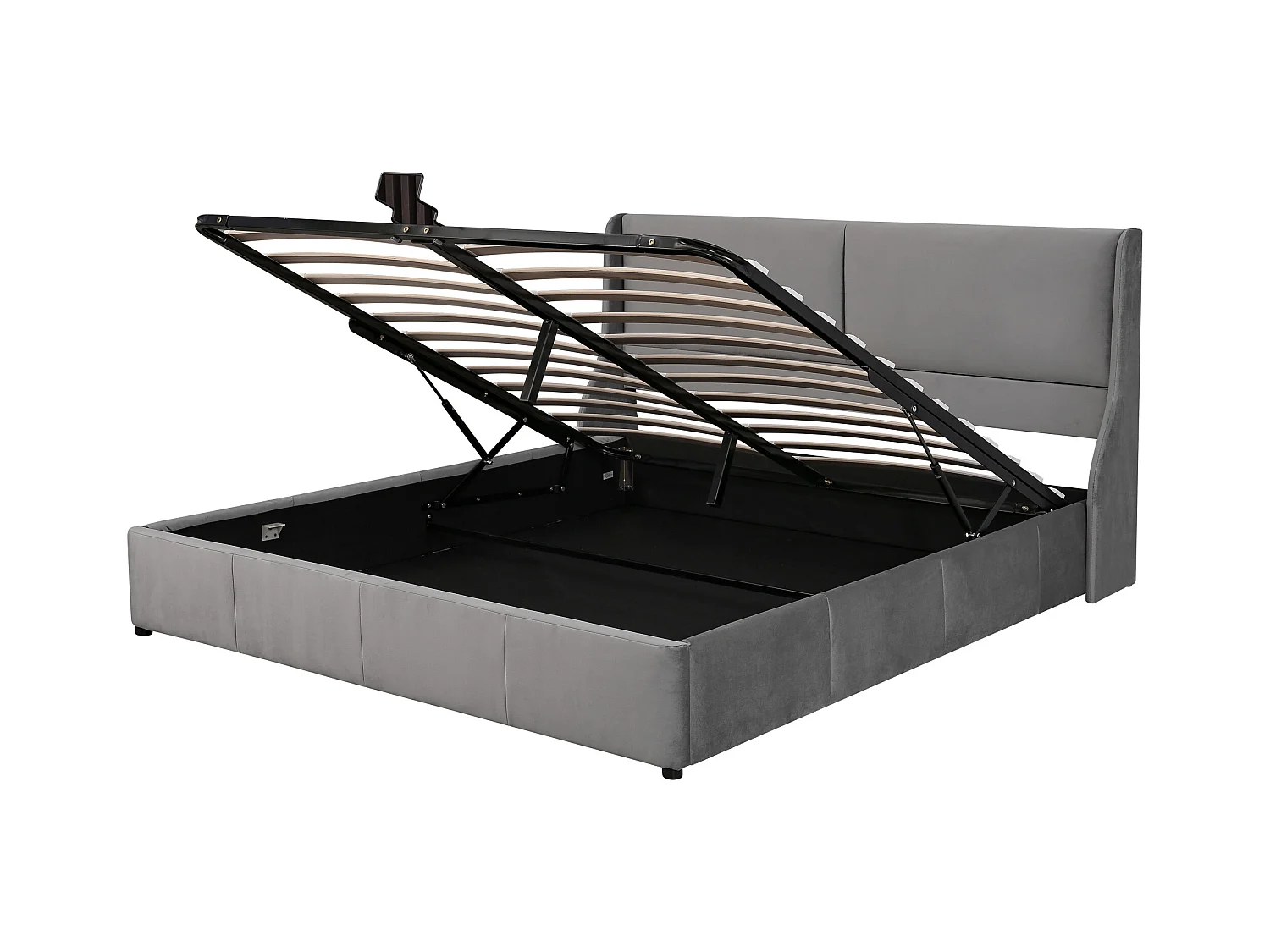 Lit coffre adulte 180x200cm, style binaural, sommier inclus, tissu en velours gris, sans matelas