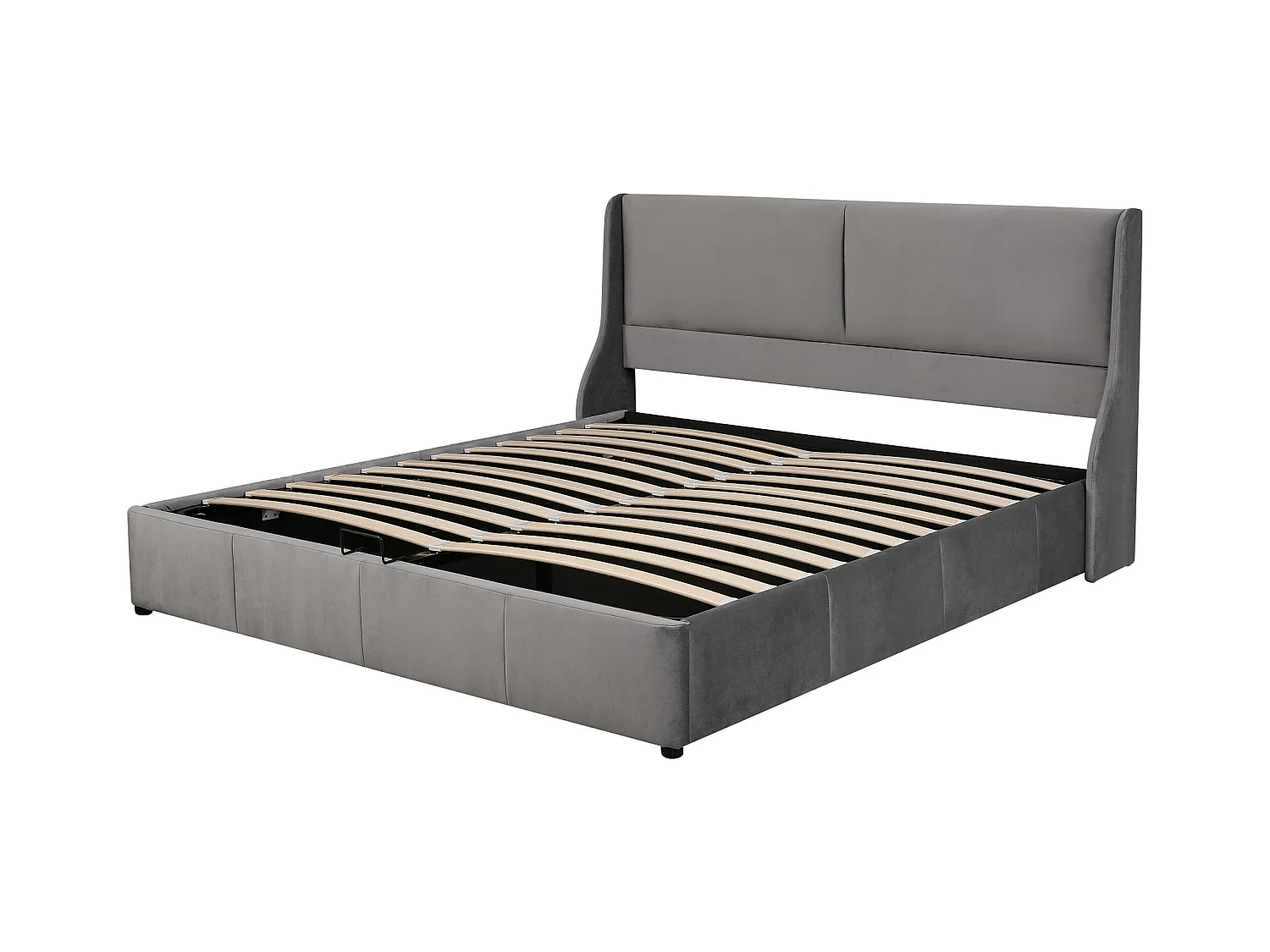 Lit coffre adulte 180x200cm, style binaural, sommier inclus, tissu en velours gris, sans matelas