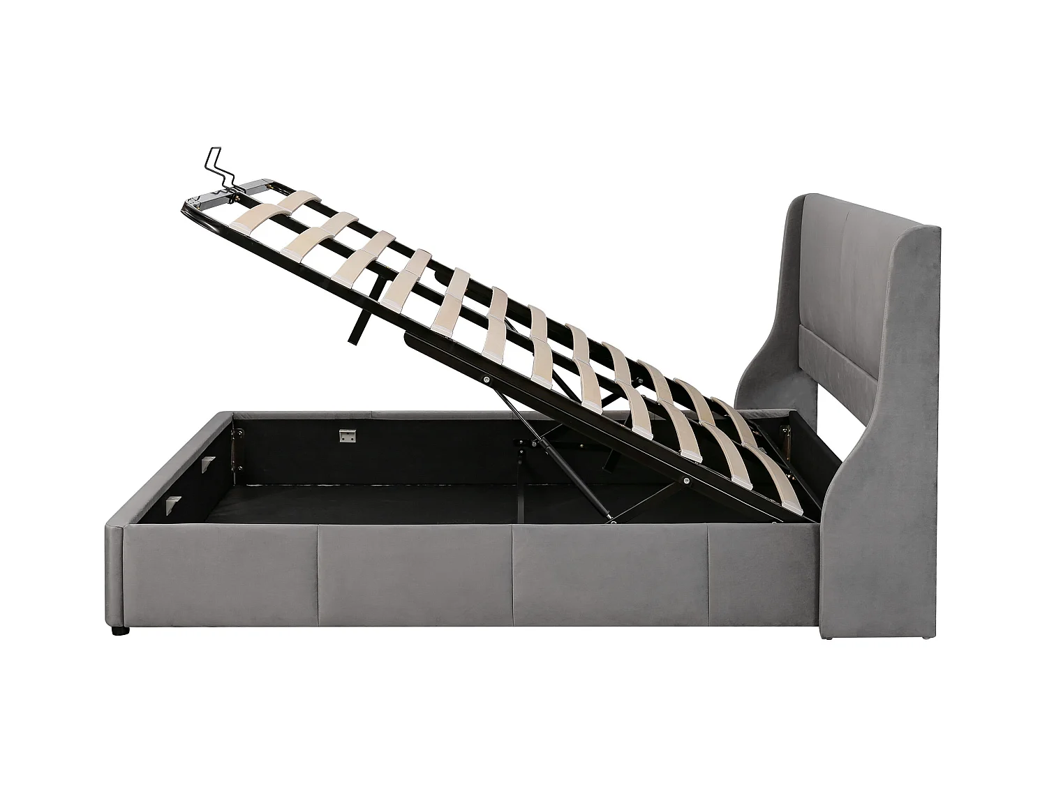 Lit coffre adulte 180x200cm, style binaural, sommier inclus, tissu en velours gris, sans matelas