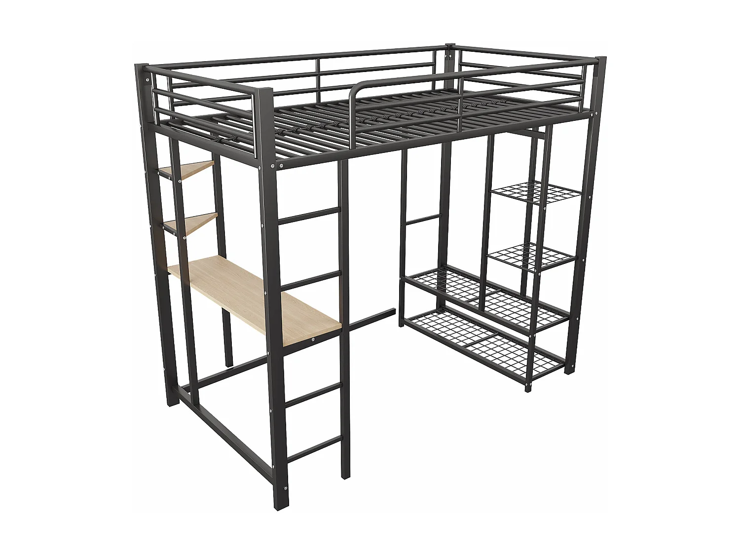 Lit mezzanine enfant 90x200cm en fer noir avec bureau, escalier et Etagère, sommier inclus, sans matelas