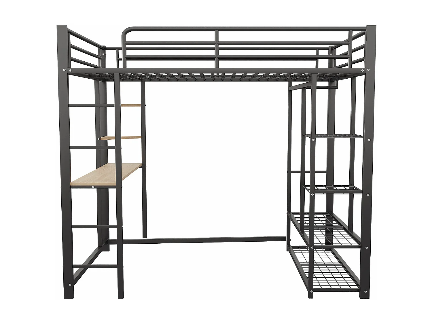 Lit mezzanine enfant 90x200cm en fer noir avec bureau, escalier et Etagère, sommier inclus, sans matelas