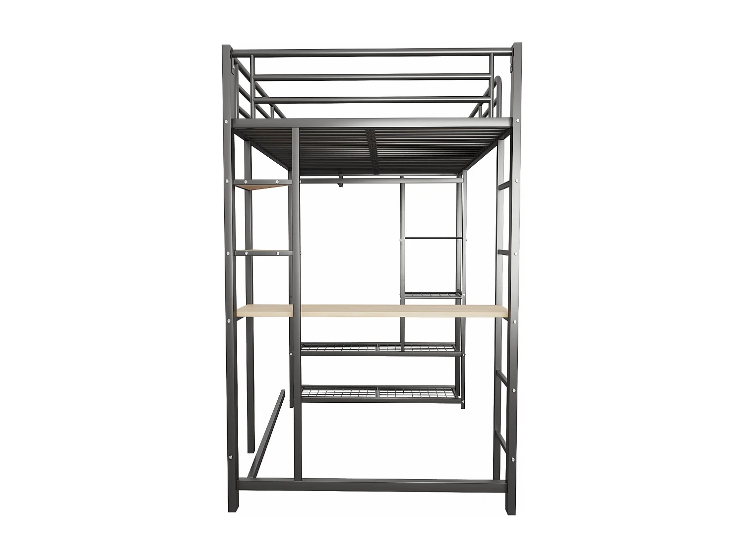 Lit mezzanine enfant 90x200cm en fer noir avec bureau, escalier et Etagère, sommier inclus, sans matelas