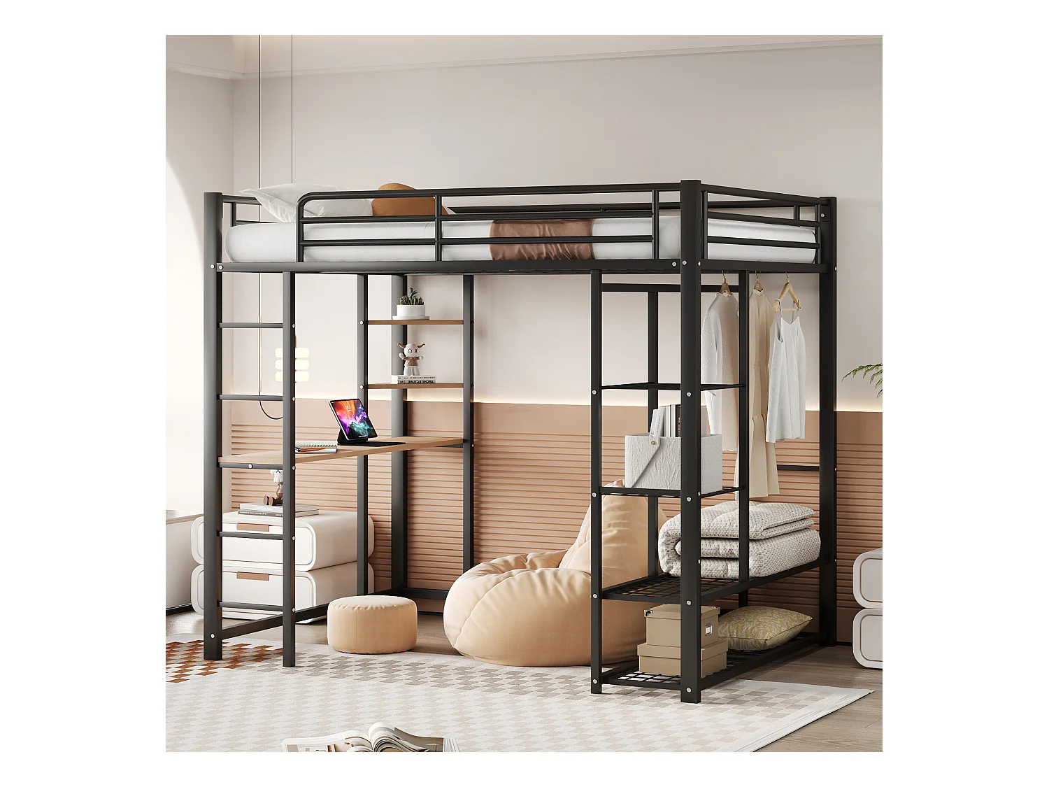 Letto a soppalco per bambini 140x200 cm in metallo nero con scrivania, scala e scaffale, rete inclusa, senza materasso