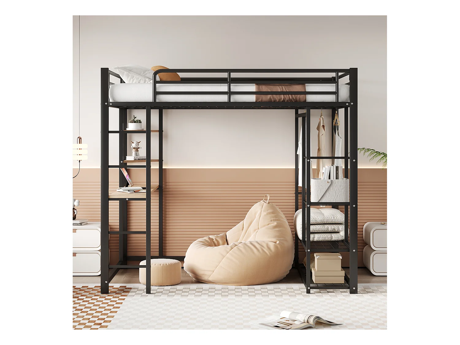 Lit mezzanine enfant 140x200cm en fer noir avec bureau, escalier et Etagère, sommier inclus, sans matelas