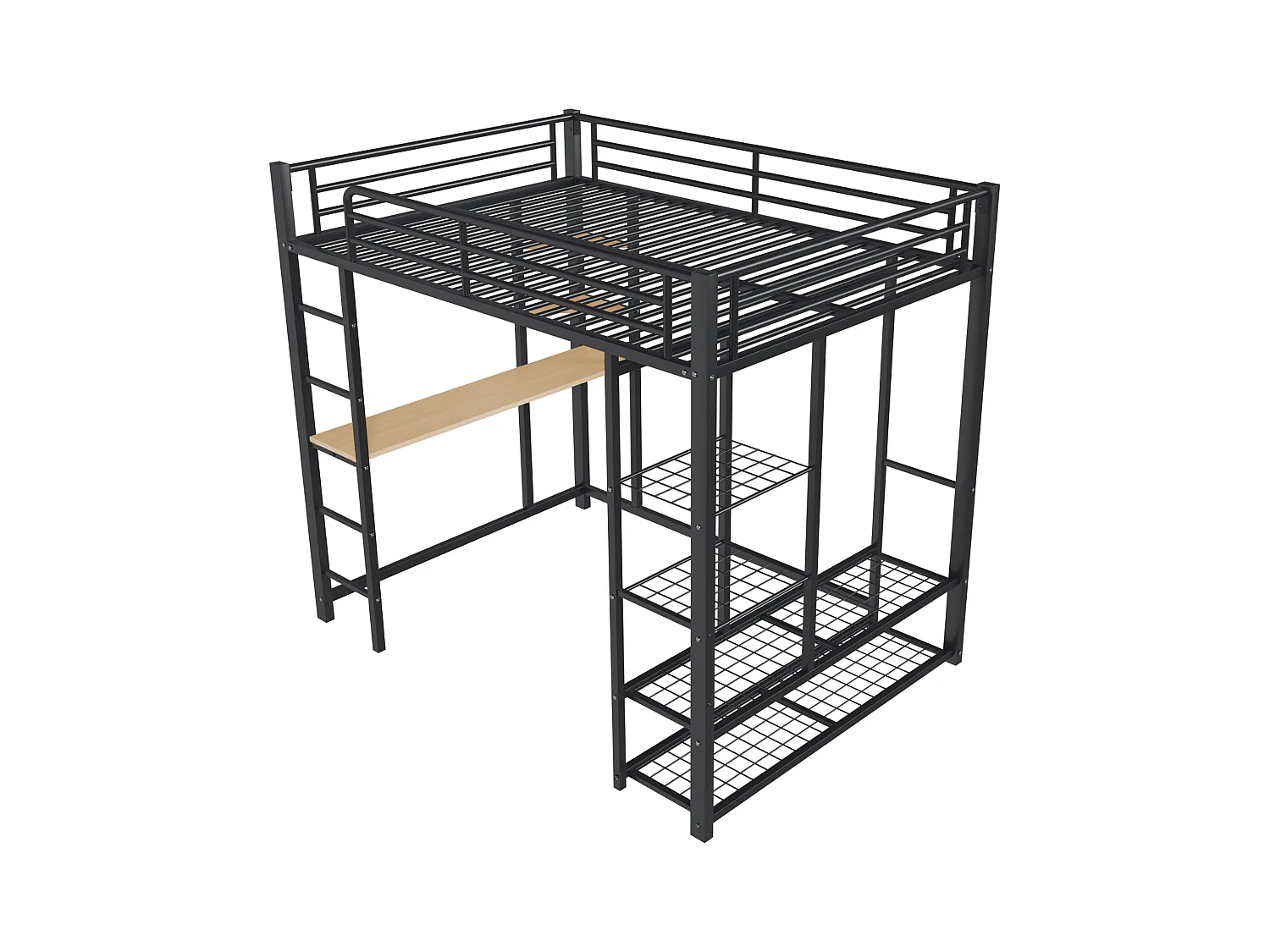 Lit mezzanine enfant 140x200cm en fer noir avec bureau, escalier et Etagère, sommier inclus, sans matelas