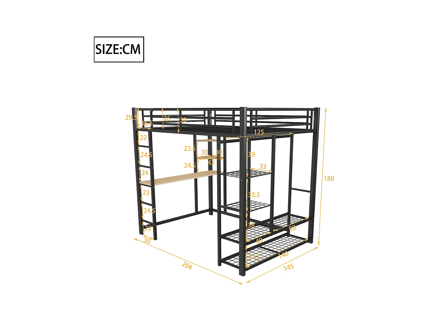 Lit mezzanine enfant 140x200cm en fer noir avec bureau, escalier et Etagère, sommier inclus, sans matelas