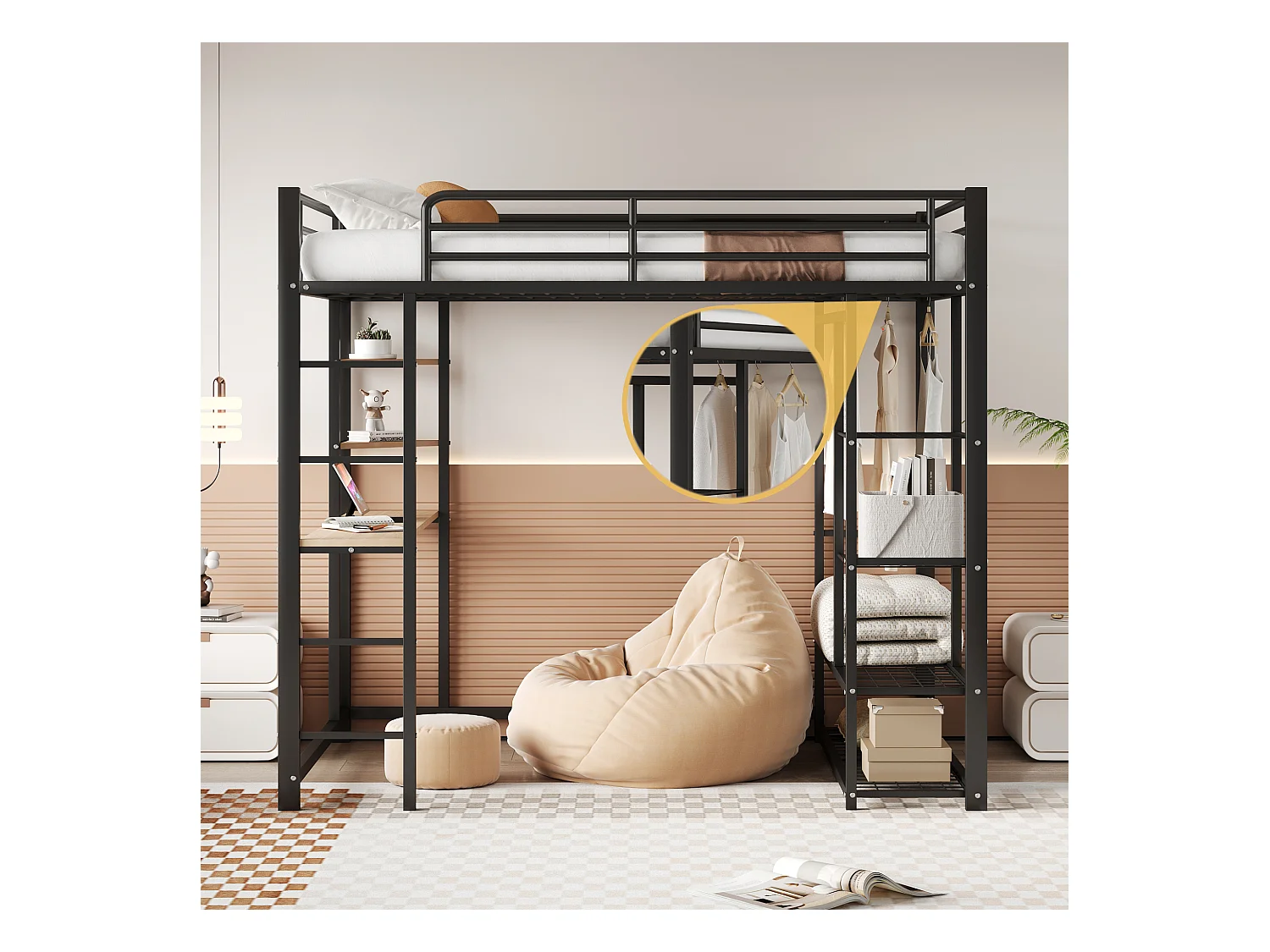 Lit mezzanine enfant 140x200cm en fer noir avec bureau, escalier et Etagère, sommier inclus, sans matelas