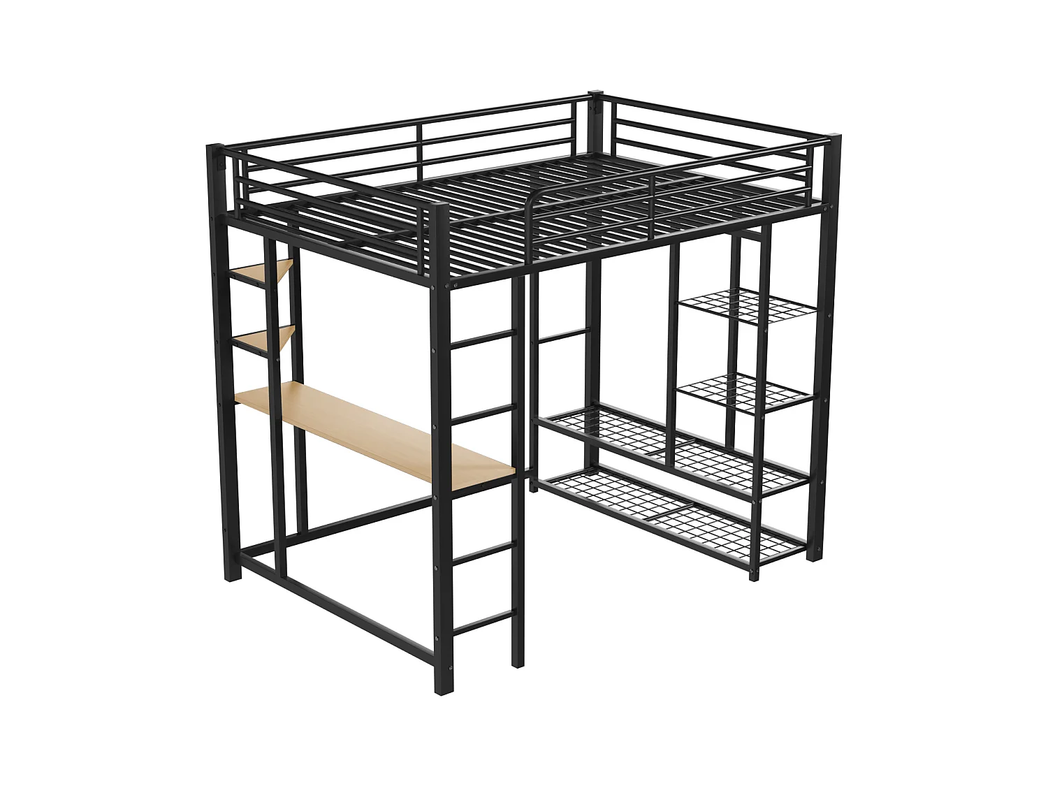 Lit mezzanine enfant 140x200cm en fer noir avec bureau, escalier et Etagère, sommier inclus, sans matelas