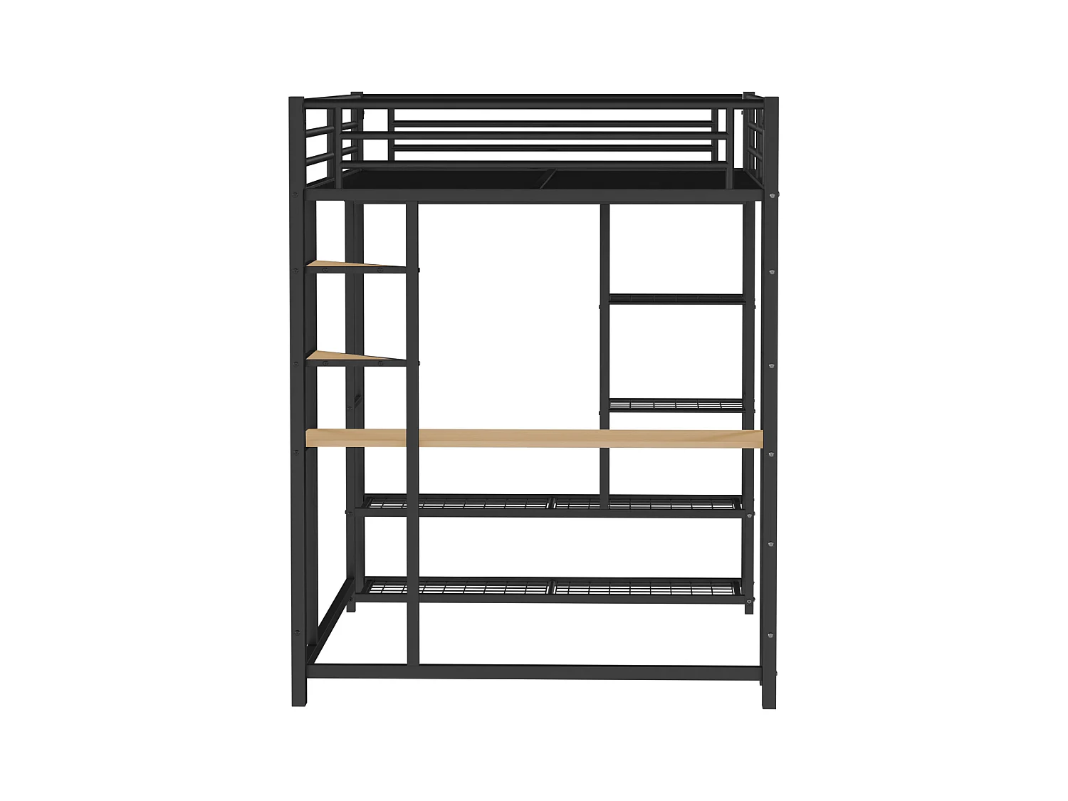 Lit mezzanine enfant 140x200cm en fer noir avec bureau, escalier et Etagère, sommier inclus, sans matelas