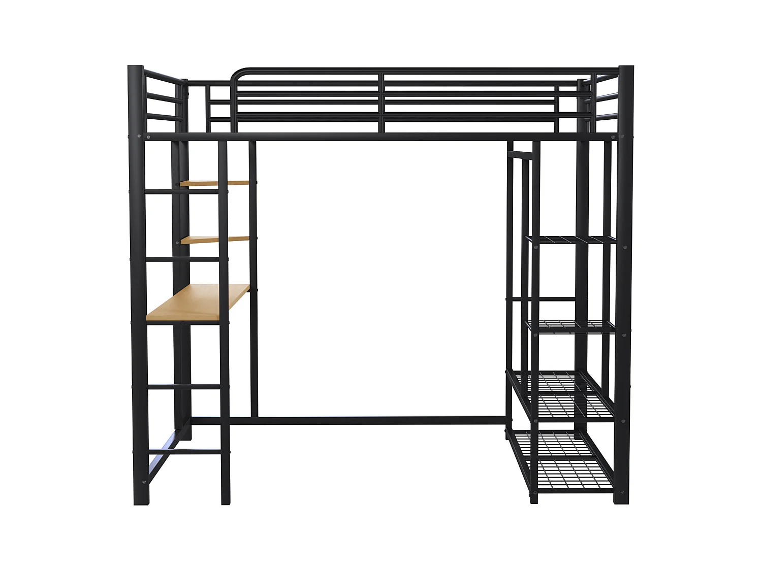 Lit mezzanine enfant 140x200cm en fer noir avec bureau, escalier et Etagère, sommier inclus, sans matelas