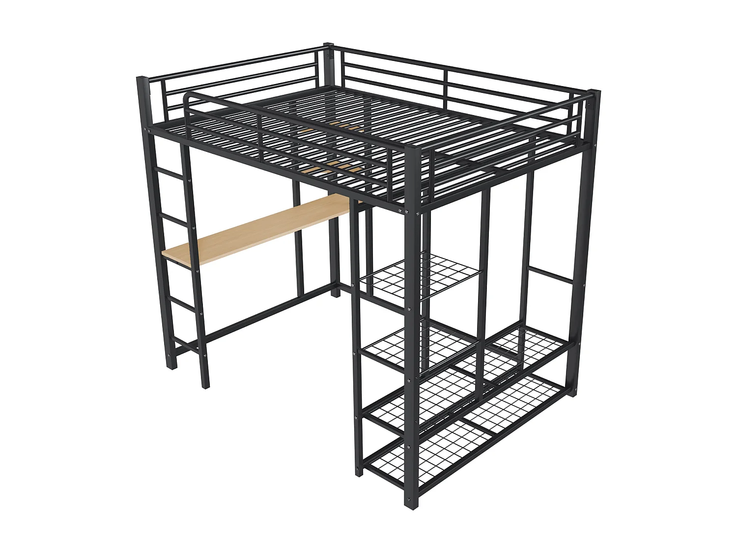 Lit mezzanine enfant 140x200cm en fer noir avec bureau, escalier et Etagère, sommier inclus, sans matelas
