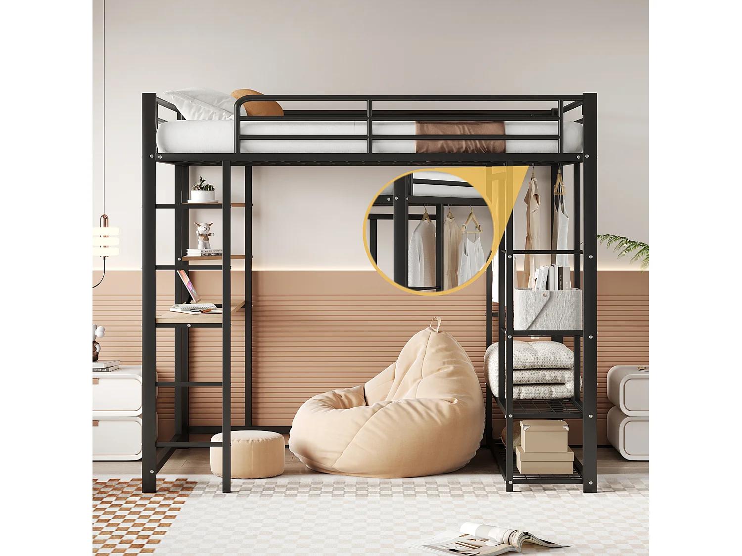 Lit mezzanine enfant 140x200cm en fer noir avec bureau, escalier et Etagère, sommier inclus, sans matelas