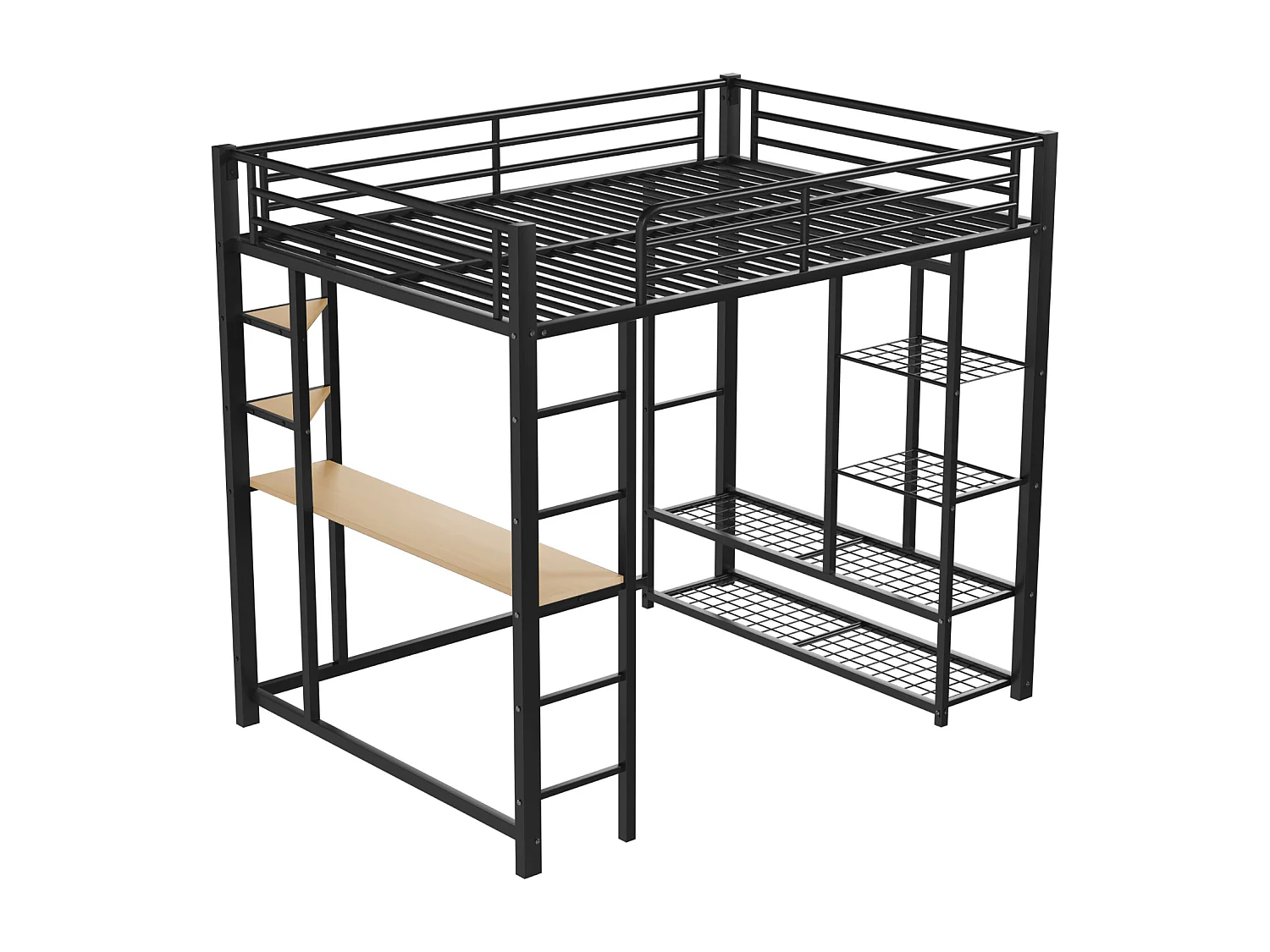 Lit mezzanine enfant 140x200cm en fer noir avec bureau, escalier et Etagère, sommier inclus, sans matelas