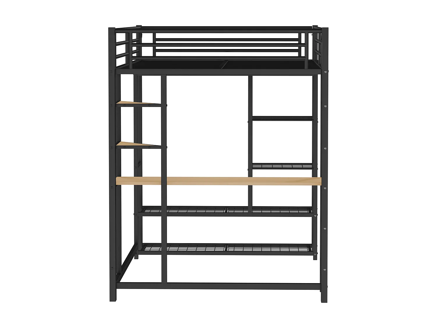 Lit mezzanine enfant 140x200cm en fer noir avec bureau, escalier et Etagère, sommier inclus, sans matelas