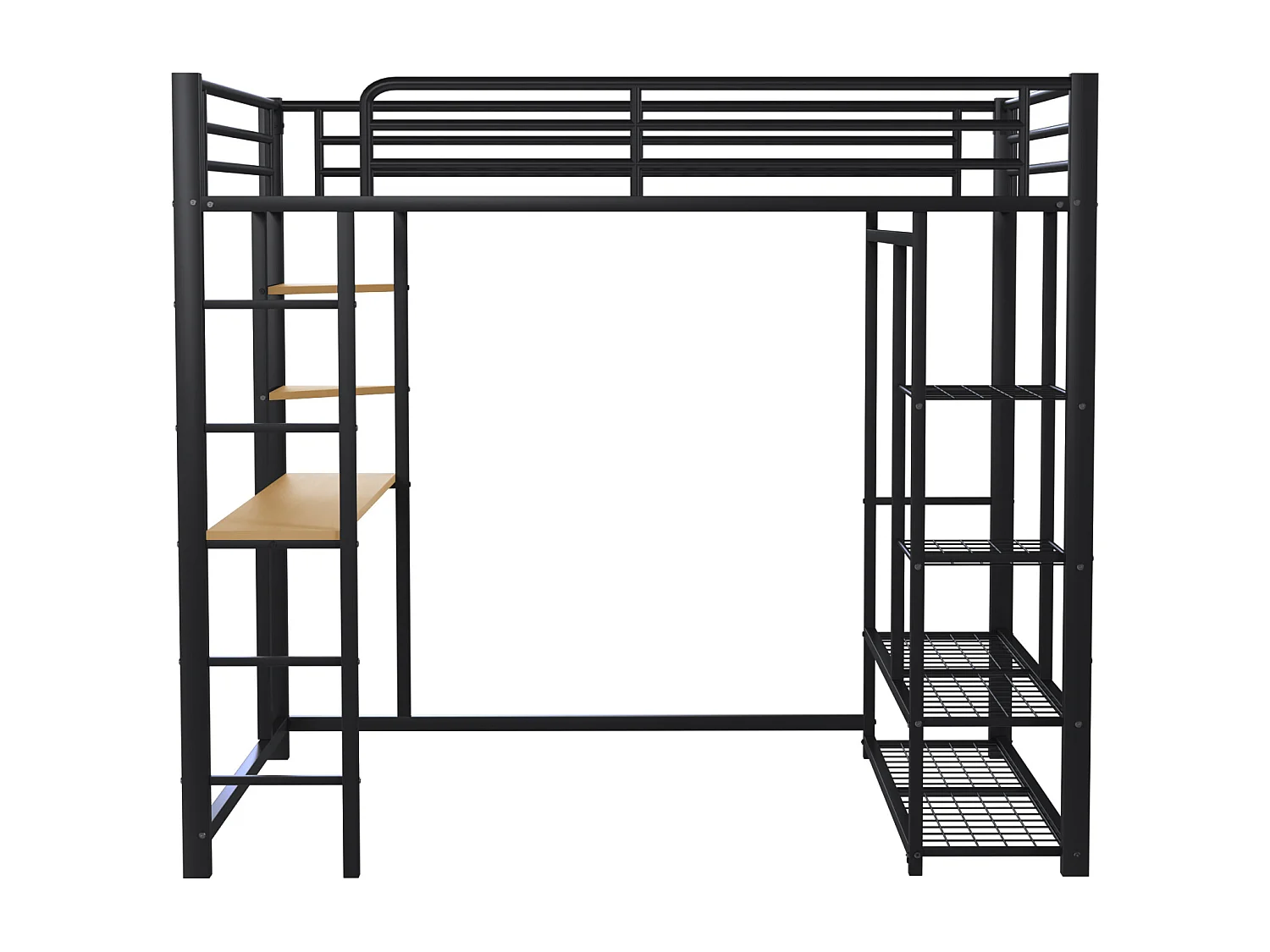 Lit mezzanine enfant 140x200cm en fer noir avec bureau, escalier et Etagère, sommier inclus, sans matelas