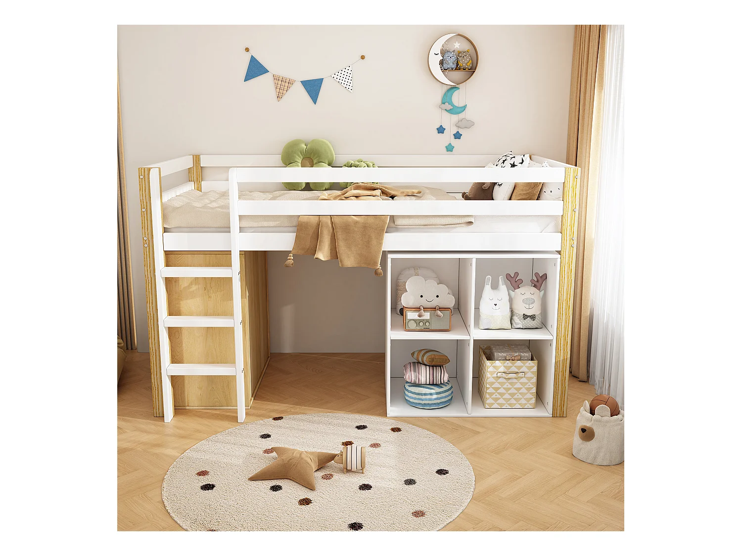 Lit mezzanine enfant 90x200cm avec armoir, tiroirs et barrières anti-chute, cadre en bois, naturel et blanc, sans matelas