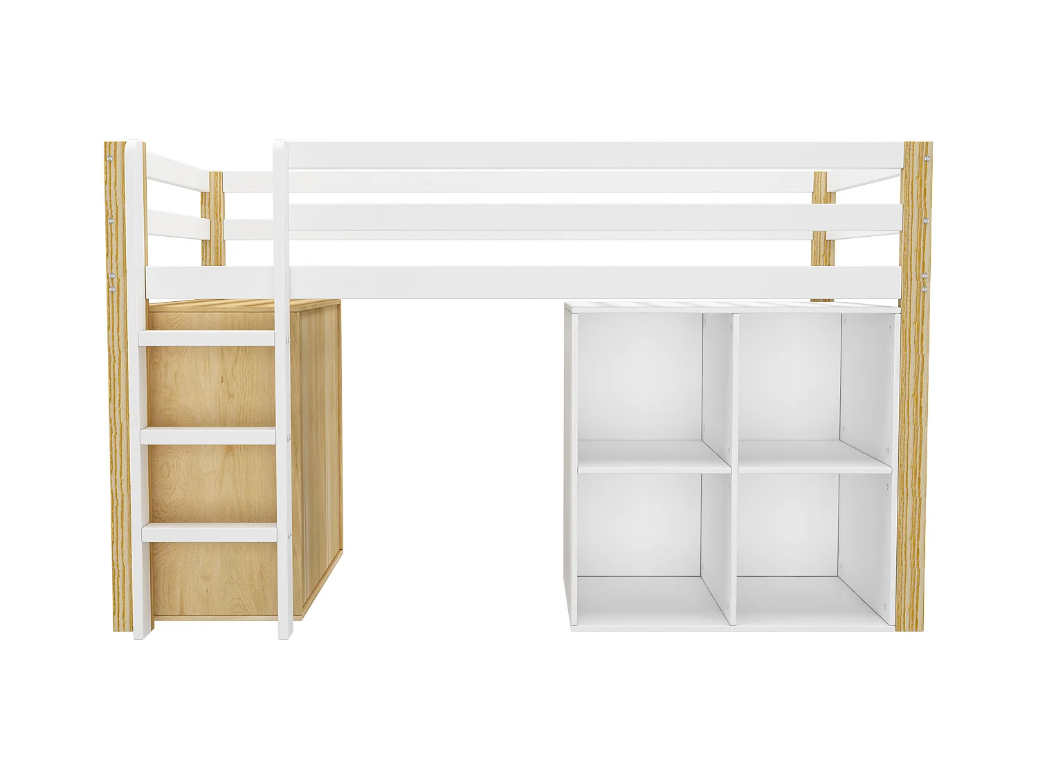 Lit mezzanine enfant 90x200cm avec armoir, tiroirs et barrières anti-chute, cadre en bois, naturel et blanc, sans matelas